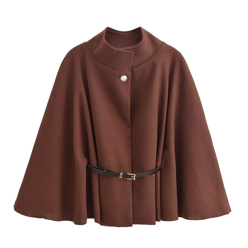 Elegant Women's Winter Poncho Cape Coat with Belt Bat Sleeve Design