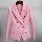 Elegant Women's Double-Breasted Blazer Jacket with Chic Metal Lion Buttons