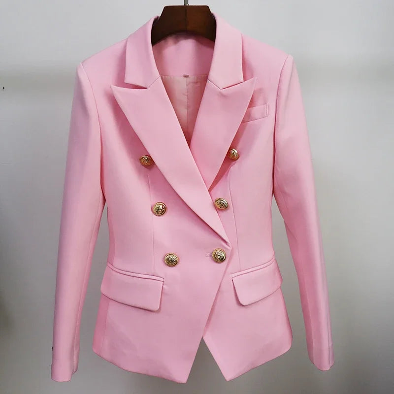 Elegant Women's Double-Breasted Blazer Jacket with Chic Metal Lion Buttons