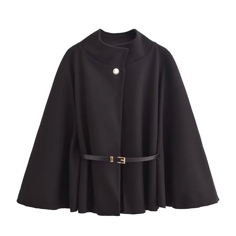 Elegant Women's Winter Poncho Cape Coat with Belt Bat Sleeve Design