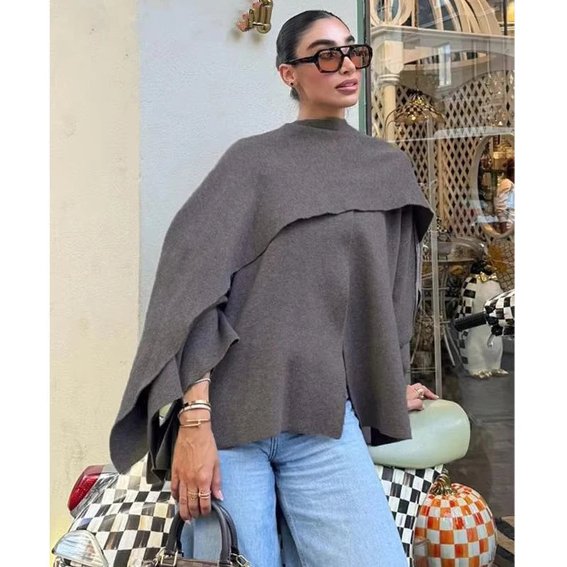 Elegant Women's Knitted Long Sleeve Cape Poncho Shawl Scarf Collar Cardigan