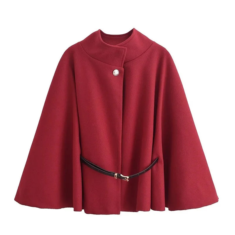 Elegant Women's Winter Poncho Cape Coat with Belt Bat Sleeve Design