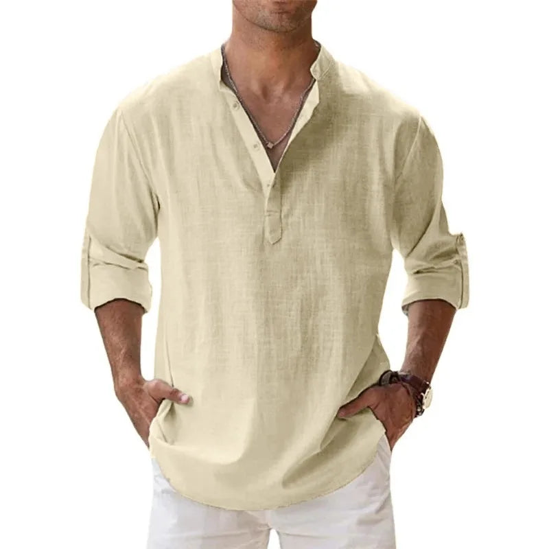 Men's Lightweight Long Sleeve Cotton Henley Shirt Beach Casual Breathable Top
