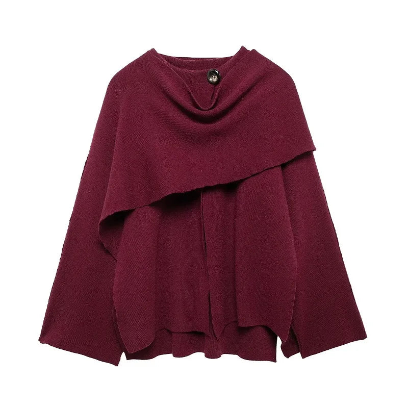 Elegant Women's Knitted Long Sleeve Cape Poncho Shawl Scarf Collar Cardigan