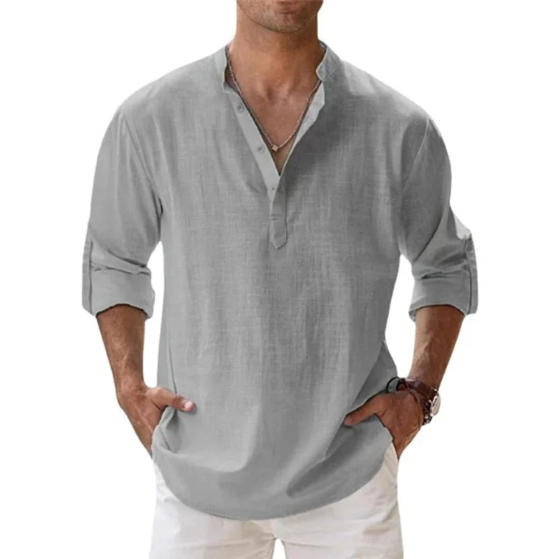 Men's Lightweight Long Sleeve Cotton Henley Shirt Beach Casual Breathable Top