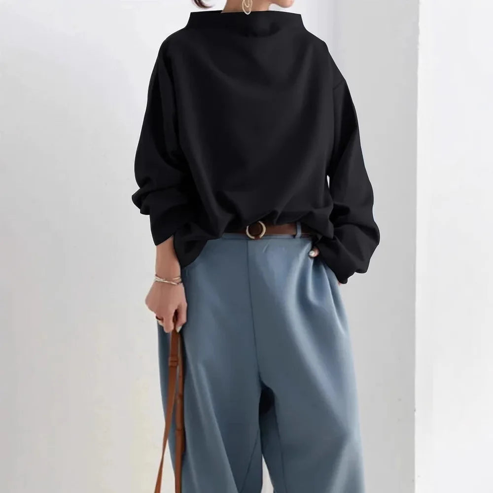 Chic Autumn Korean High-Neck Long Sleeve Blouse: Y2K Women's Casual Top