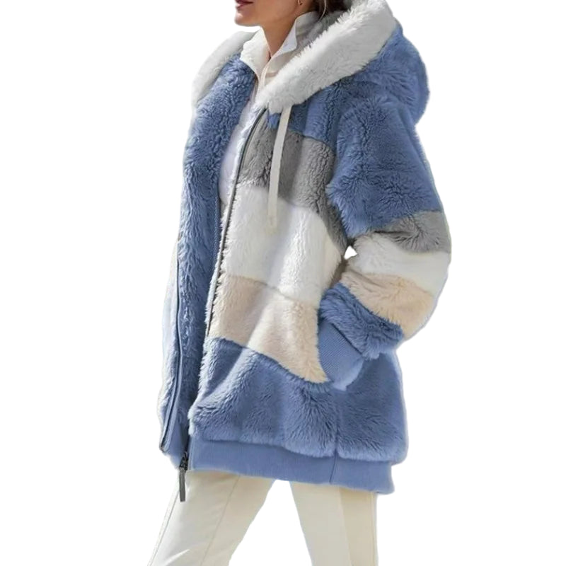 Women's Plush Hooded Winter Jacket with Pockets, Warm Loose Streetwear