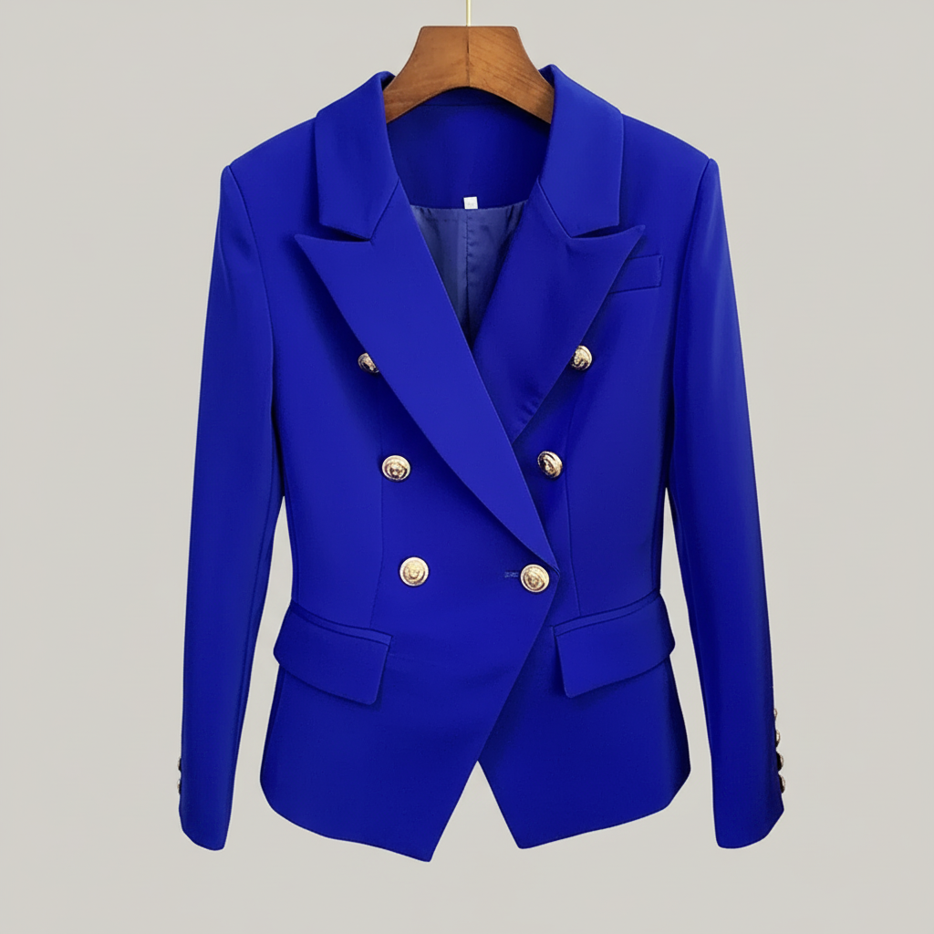 Elegant Women's Double-Breasted Blazer Jacket with Chic Metal Lion Buttons