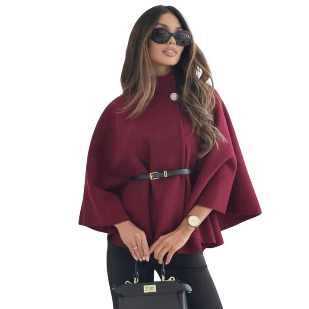 Cappotto poncho invernale da donna con cintura e maniche a pipistrello