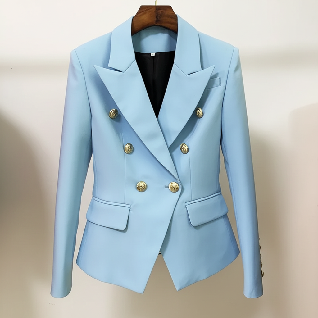 Elegant Women's Double-Breasted Blazer Jacket with Chic Metal Lion Buttons