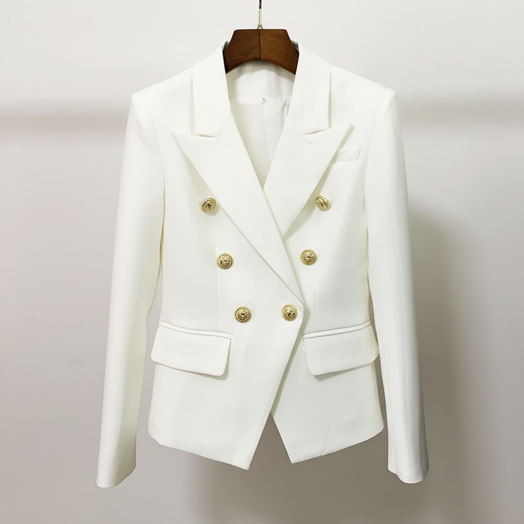 Elegant Women's Double-Breasted Blazer Jacket with Chic Metal Lion Buttons